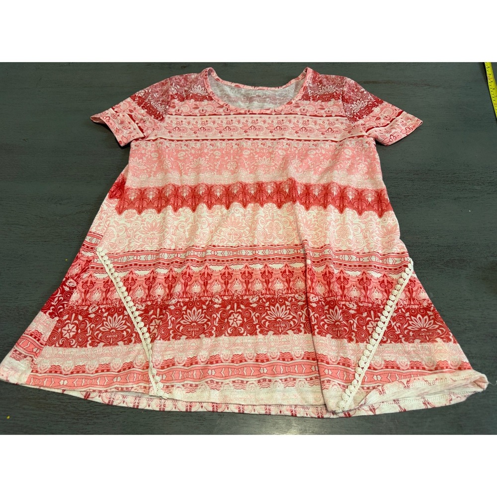Kim Rogers Womens Pink Red Medallion Stripe Tunic Top Short Sleeve Size L